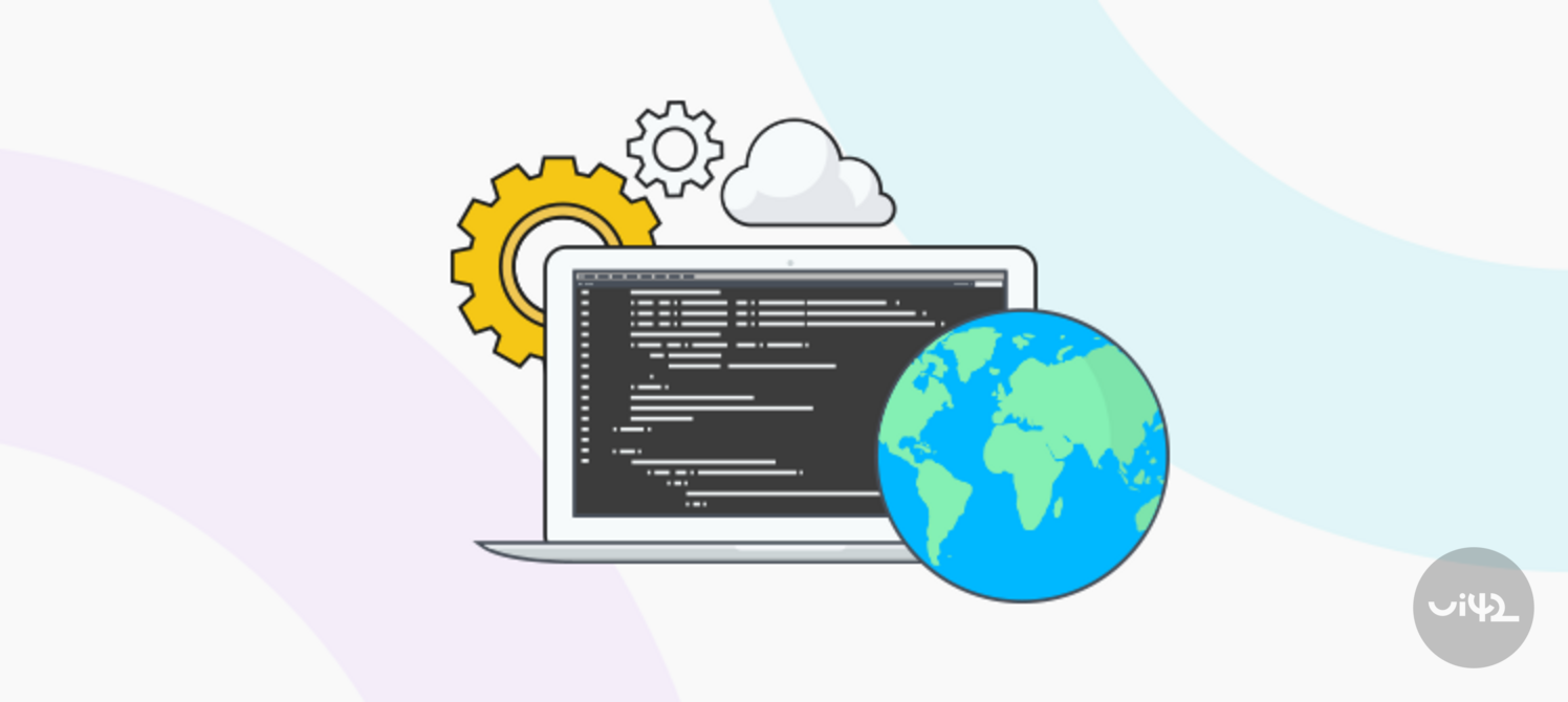 Ilustrace programování s notebookem, ozubeným kolem, oblakem a Zemí