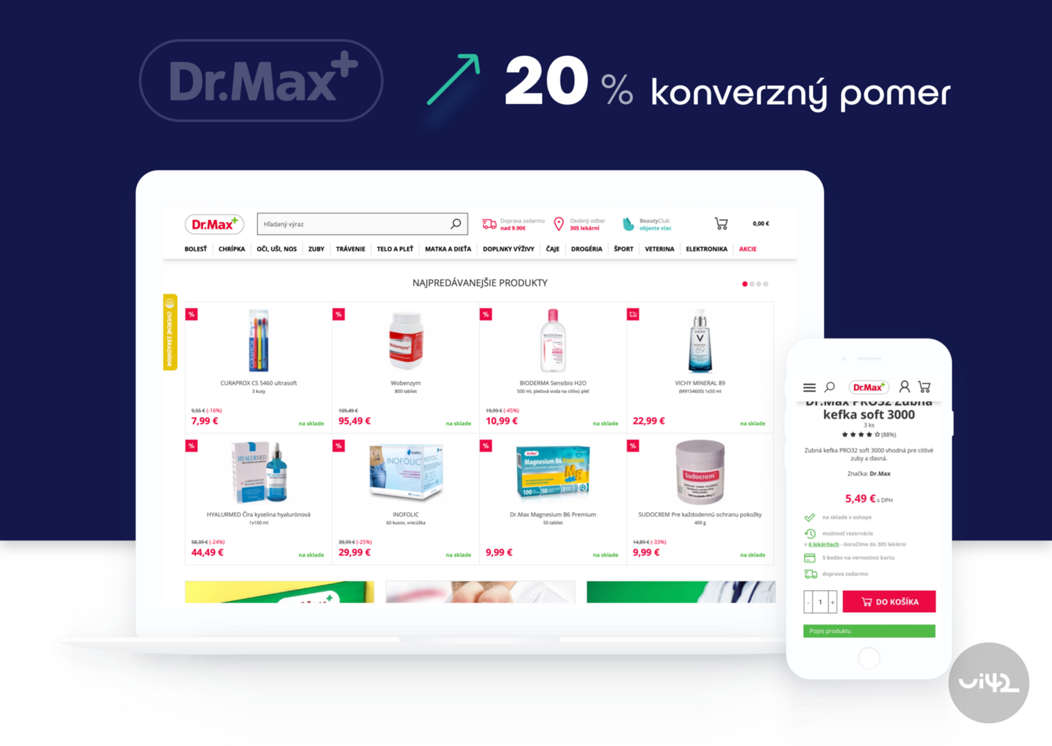 Webová stránka Dr. Max s produkty a mobilní aplikací, zvýrazňující 20 % konverzní poměr