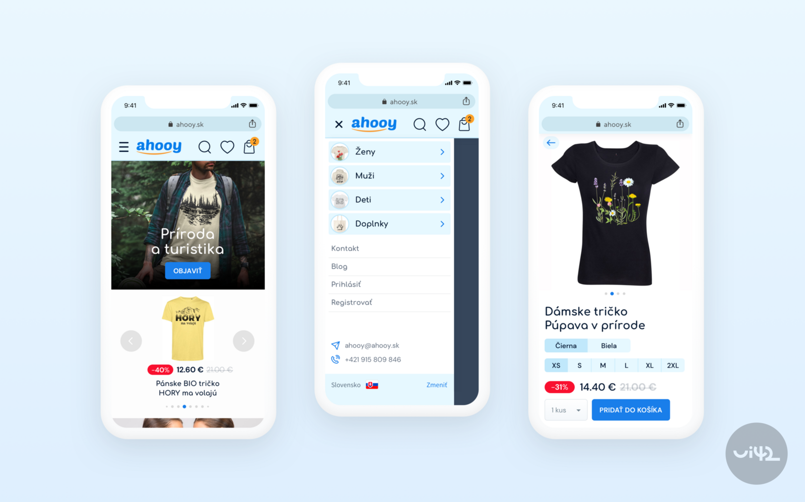 Mobilní aplikace obchodu ahooy.sk se zobrazením kategorií a produktů, včetně triček s přírodním motivem.