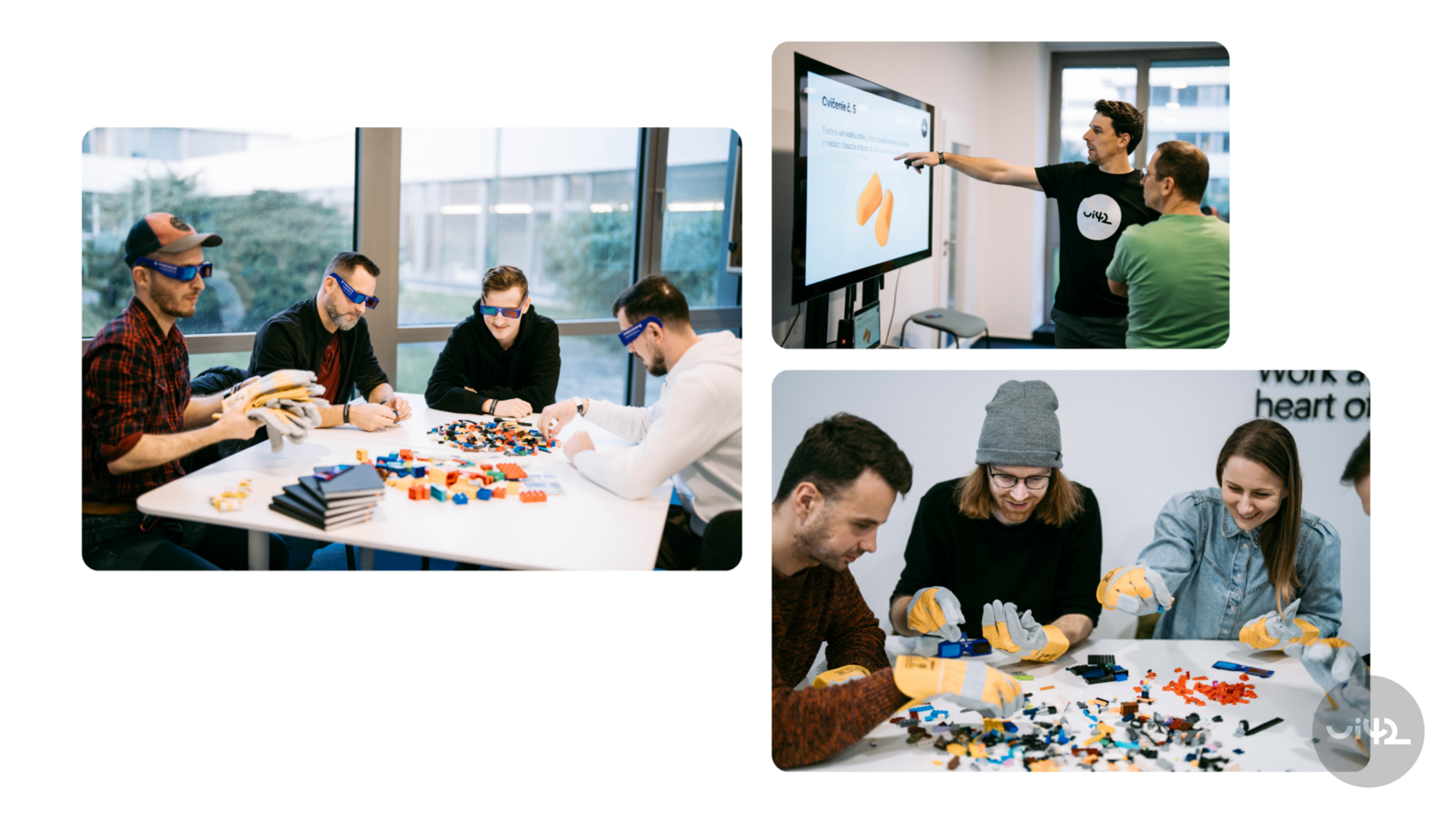 Skupina lidí sedí u stolu a hrají si s LEGO kostkami. Někteří z nich nosí ochranné brýle nebo rukavice. Na jedné z fotografií je muž, který prezentuje na obrazovce.