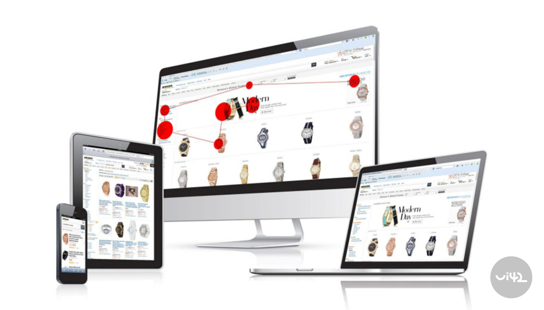 Zařízení zobrazující výsledky sledování pohybu očí pomocí eyetrackera, včetně počítače, notebooku, tabletu a mobilního telefonu s vizualizací dráhy pohybu očí na obrazovce.