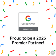 Obrázek s logem Google Partner Premier 2025 a textem "Proud to be a 2025 Premier Partner!" s barevnými konfetami na bílém pozadí.