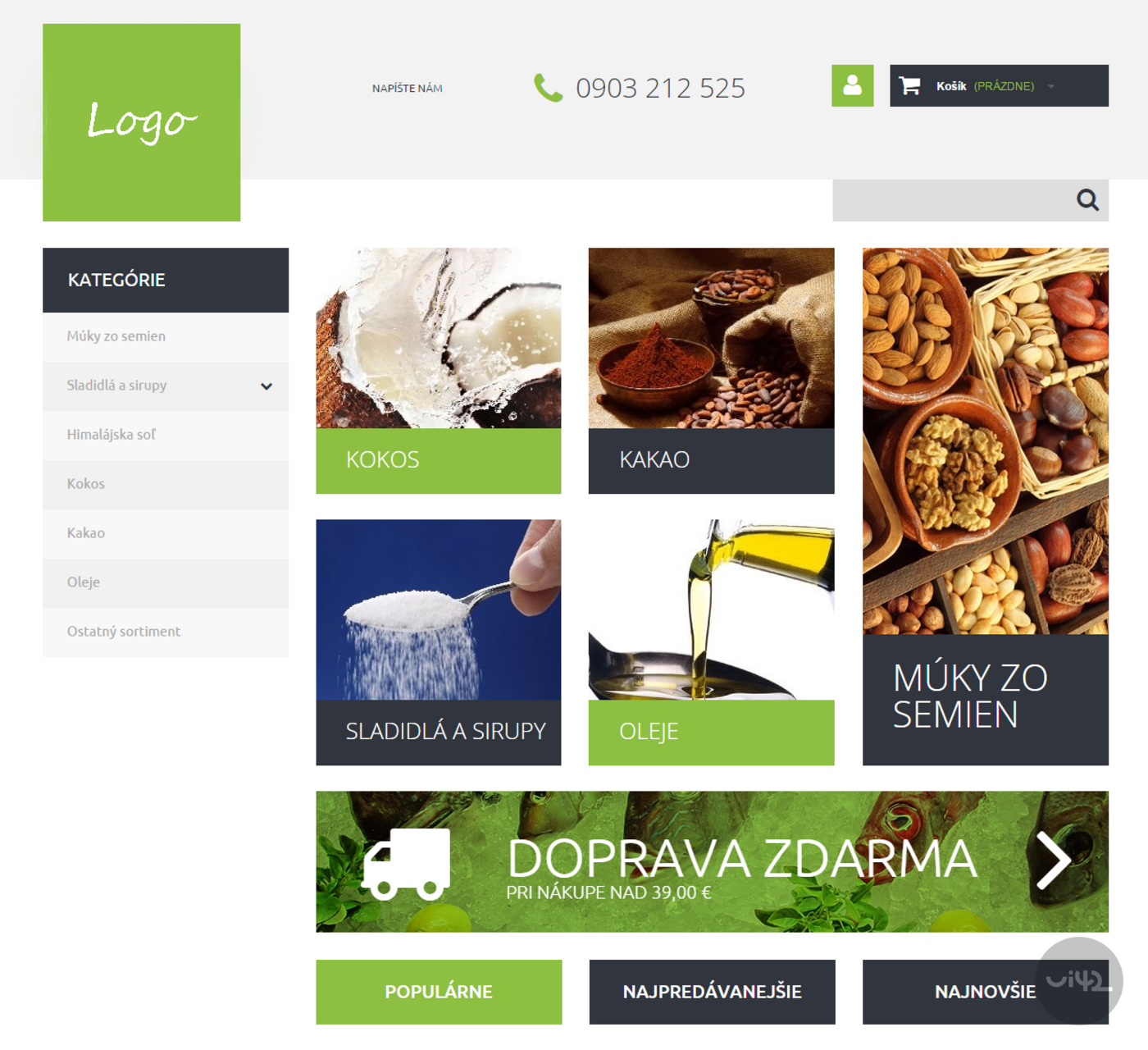 Ukázka moderního designu webové stránky s kategoriemi potravin jako kokos, kakao, sladidla a sirupy, mouky ze semen a oleje. Web nabízí dopravu zdarma při nákupu nad 39 eur.
