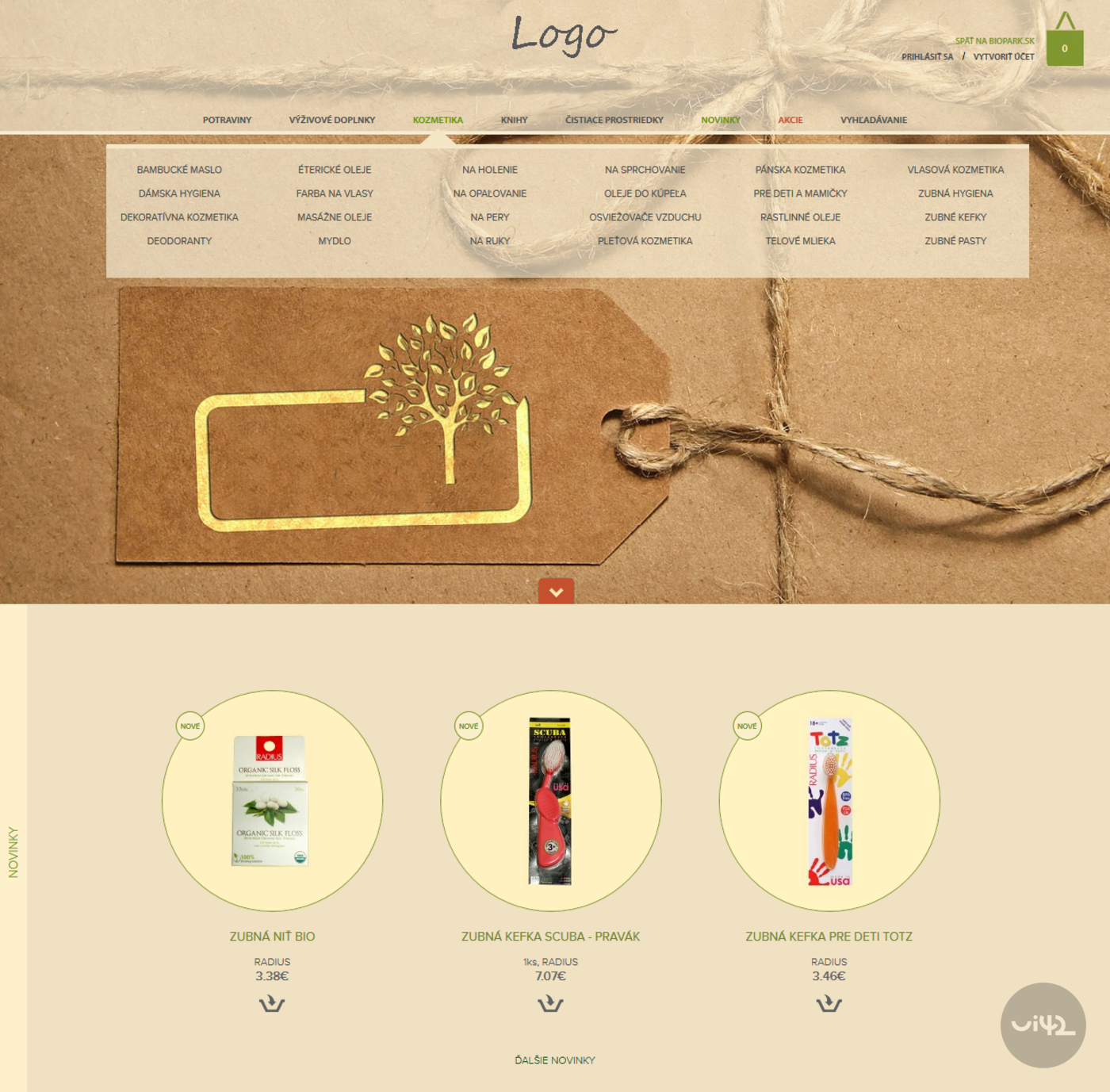 Webová stránka s přírodním designem a nabídkou produktů jako zubní nit a kartáčky. Obsahuje menu s kategoriemi jako potraviny, kosmetika a čisticí prostředky.