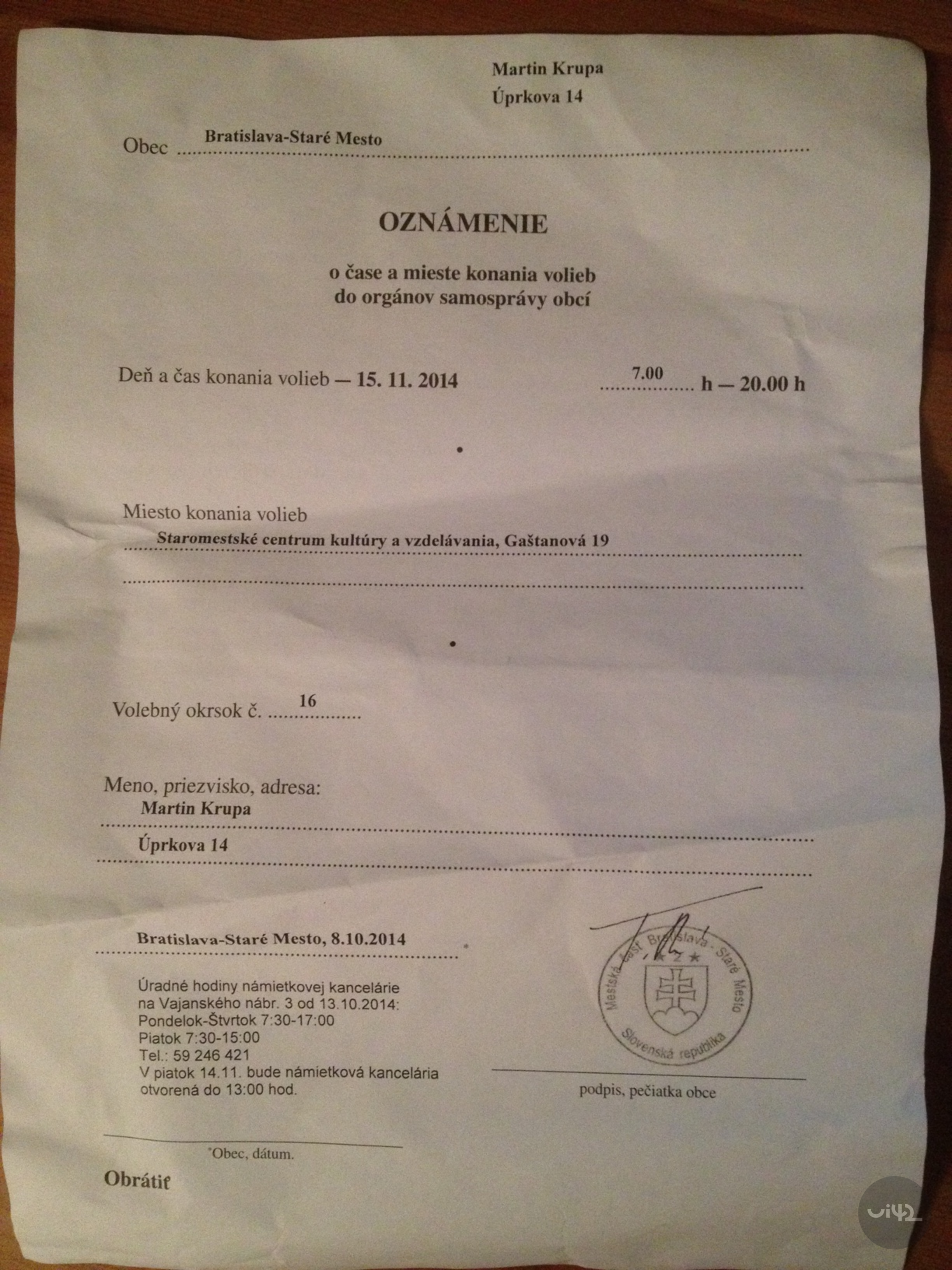 Oznámení o konání voleb