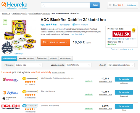 Webová stránka s porovnáním cen hry ADC Blackfire Dobble na Heureka.cz