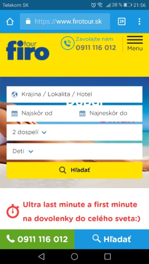 Mobilní verze stránky FIRO-tour s vyhledávacím formulářem na dovolené.