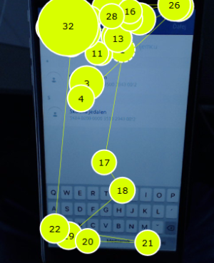 Analýza uživatelského rozhraní aplikace George s vyznačenými body dotyku na obrazovce mobilního telefonu.