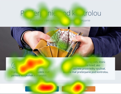 Teplotní mapa uživatelského rozhraní internetového bankovnictví s obrázkem peněženky v rukou.
