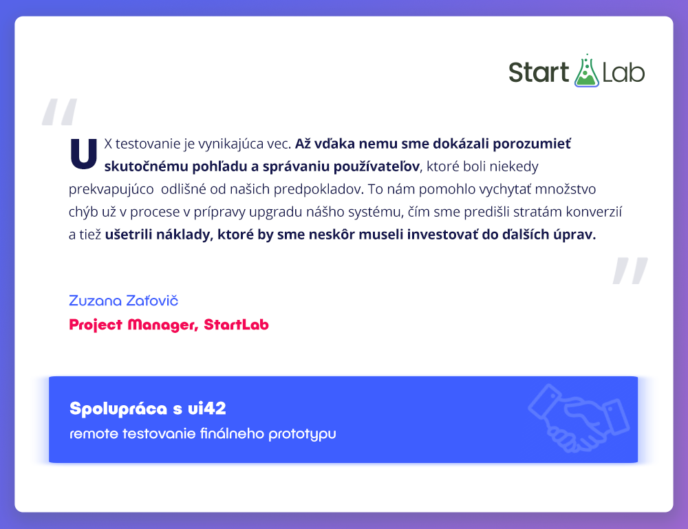 Citát o významu UX testování od projektové manažerky ze StartLab.