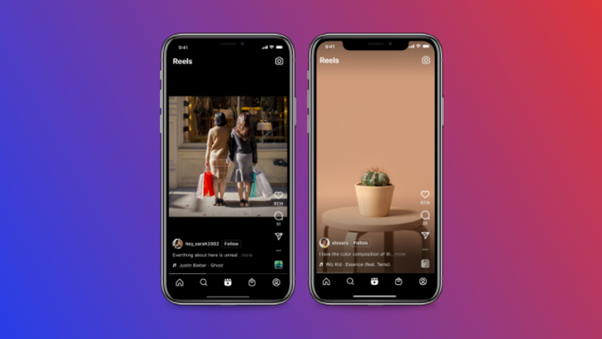 Dvě obrazovky smartphonů zobrazující Instagram Reels s různými videi