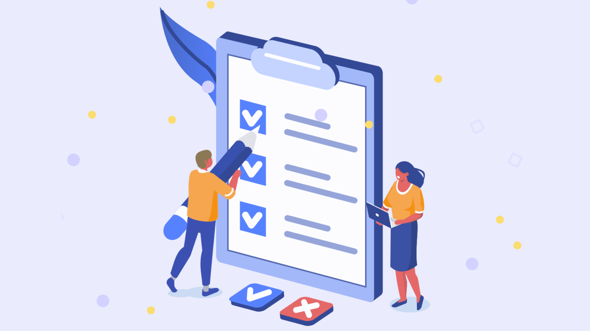 Ilustrace dvou lidí pracujících na velkém kontrolním seznamu. Muž drží velkou tužku a žena používá notebook.
