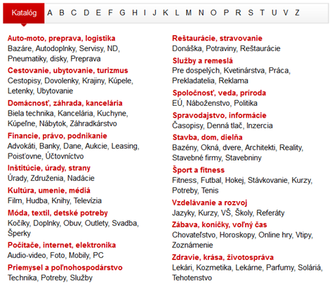 Kategorie služeb a produktů v online katalogu