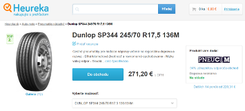 Pneumatika Dunlop SP344 zobrazená na stránce Heureka s cenou 271,20 € a možností výběru prodejce.