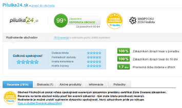 Hodnocení obchodu Pilulka24.sk s recenzemi a certifikáty spokojenosti zákazníků.