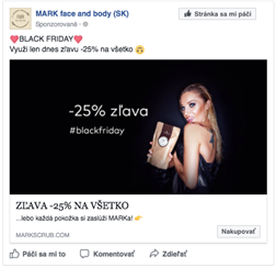 Reklama na Black Friday s modelkou držící produkt MARK face and body a textem o slevě 25%