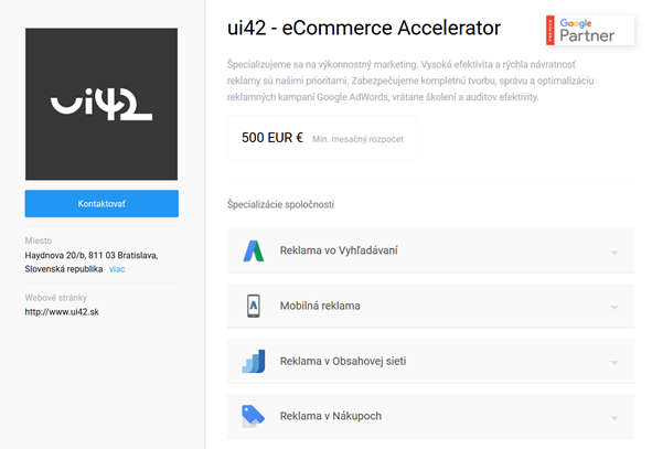 Profilová stránka společnosti ui42 - eCommerce Accelerator na Google Partners