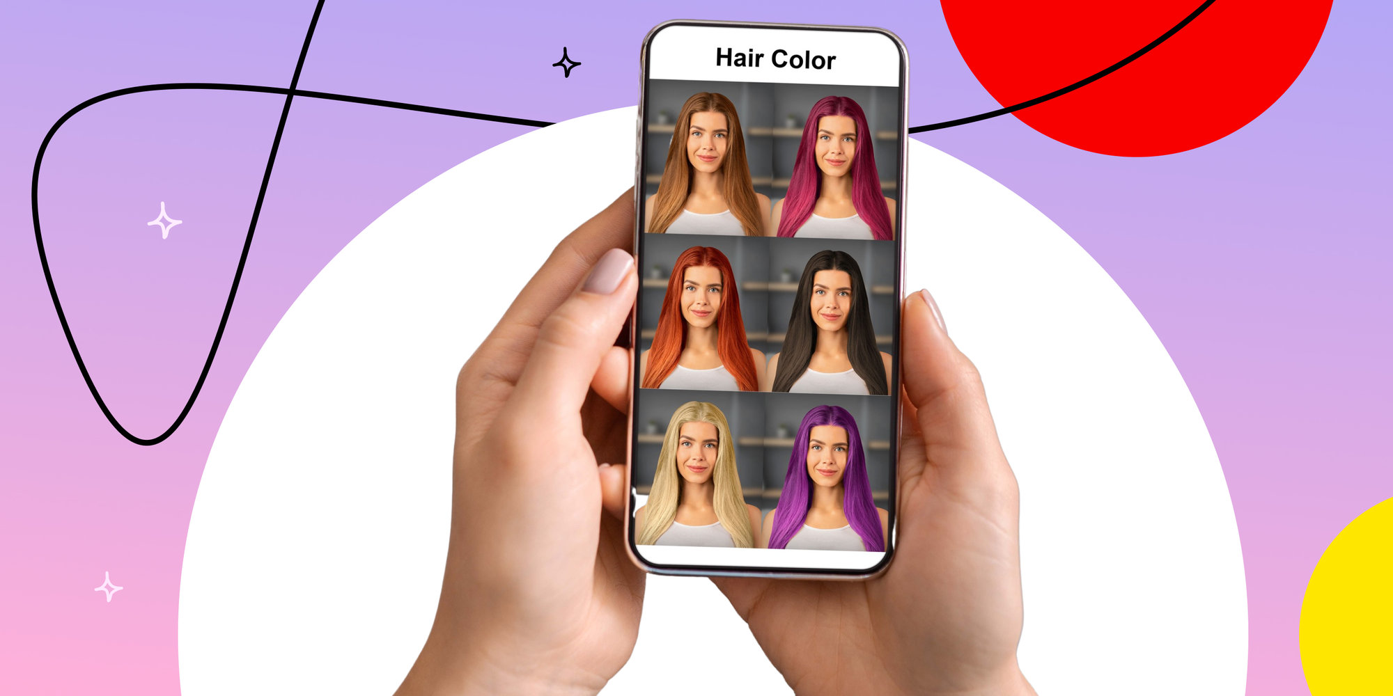 Mobilný telefón zobrazuje aplikáciu pre zmenu farby vlasov pomocou rozšírenej reality.