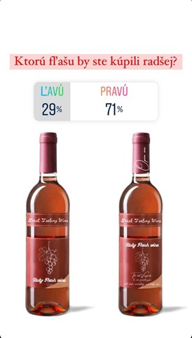 Dve fľaše vína s názvami "Ľavú" a "Pravú" s výsledkami hlasovania 29% pre ľavú a 71% pre pravú.