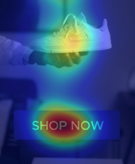 Tepelná mapa zvýrazňujúca topánku a tlačidlo "Shop Now"